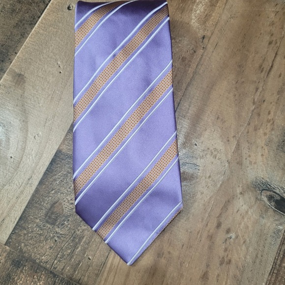 Henry Jacobson Handmade Silk Blend Tie Purple Tan Striped Mens Necktie - Picture 6 of 8